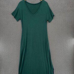 Huskary Dress Womens Medium Green Maxi T Shirt Jersey Short Sleeve V Neck Slit